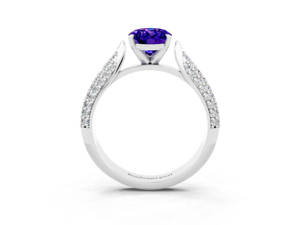 White gold Oval Cut Tanzanite Solitaire Engagement Ring with Multi-Row Round Pavé Band and Prong Setting