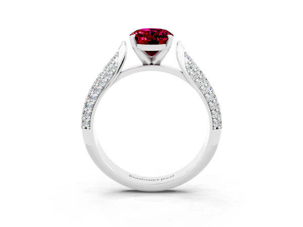 Silver Oval Cut Garnet Solitaire Engagement Ring with Multi-Row Round Pavé Band and Prong Setting
