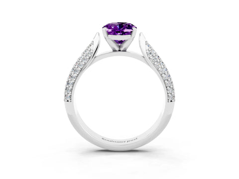 White gold Oval Cut Diamond Solitaire Engagement Ring with Pavé Band and Four-Prong Setting_3
