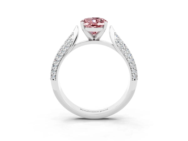 White gold Oval Cut Diamond Solitaire Engagement Ring with Pavé Band and Four-Prong Setting