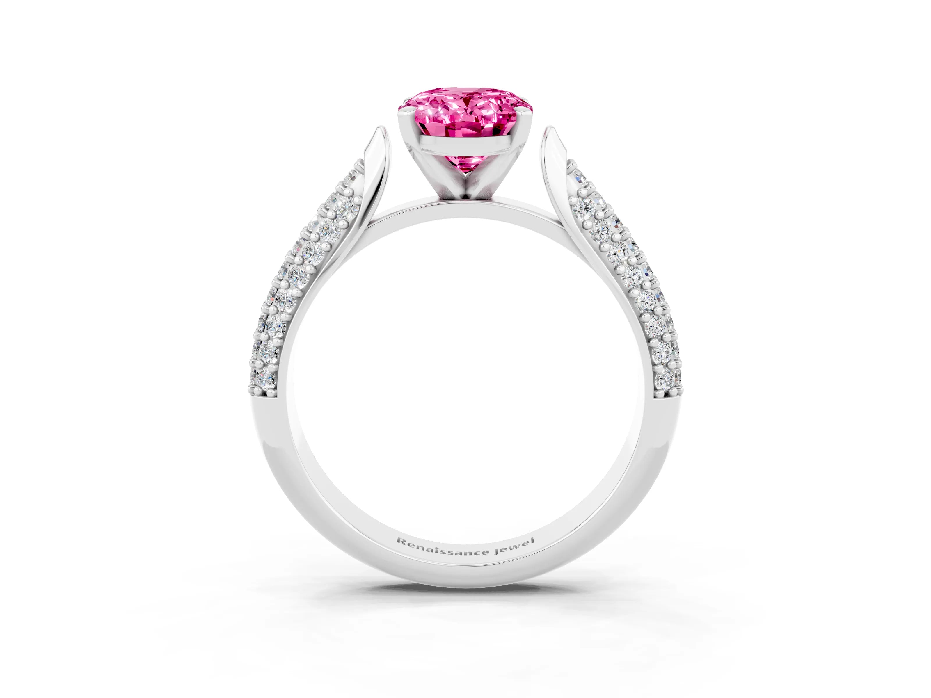 White gold Oval Cut Diamond Solitaire Engagement Ring with Pavé Band and Four-Prong Setting_3