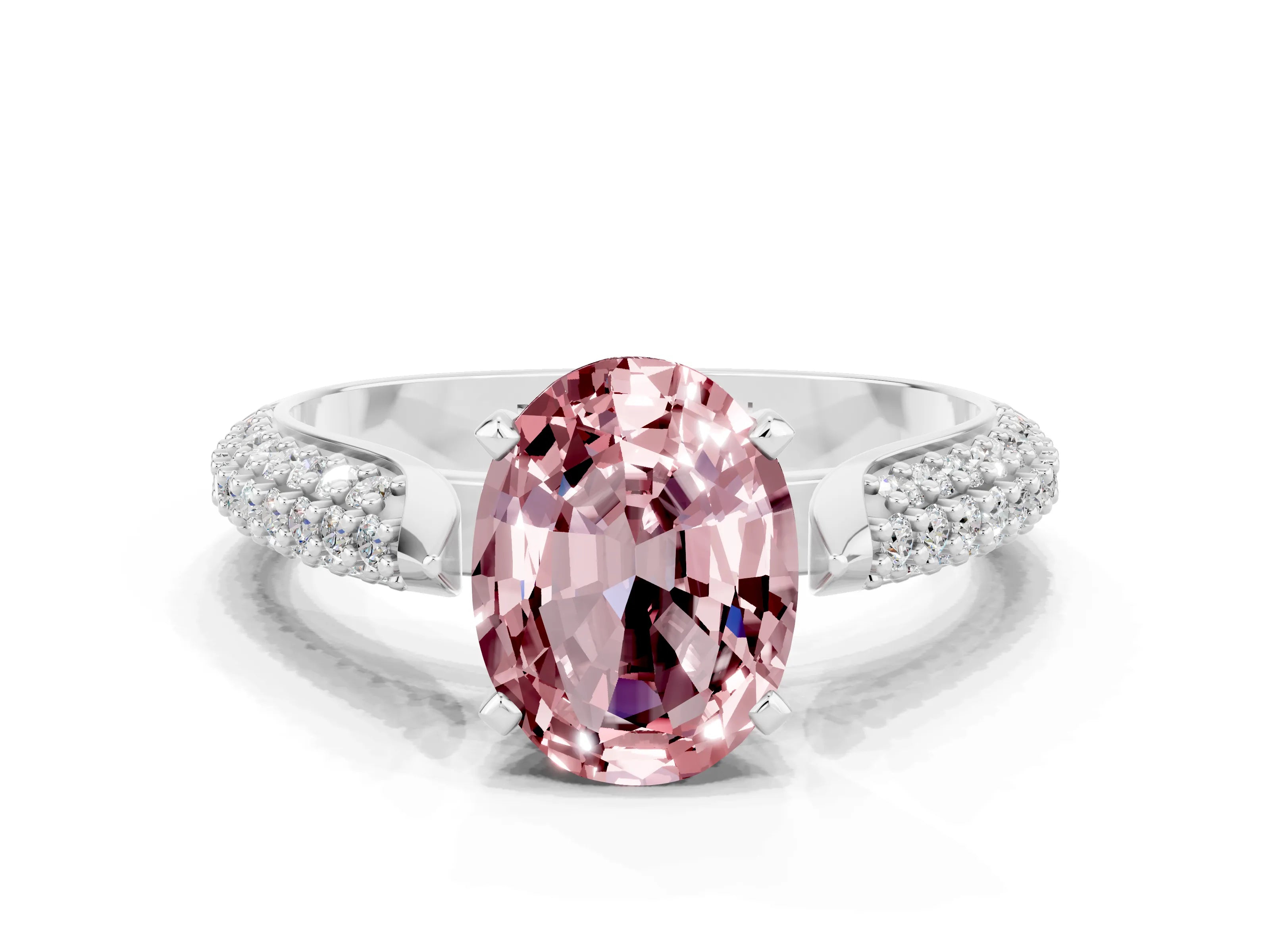 White gold Oval Cut Diamond Solitaire Engagement Ring with Pavé Band and Four-Prong Setting