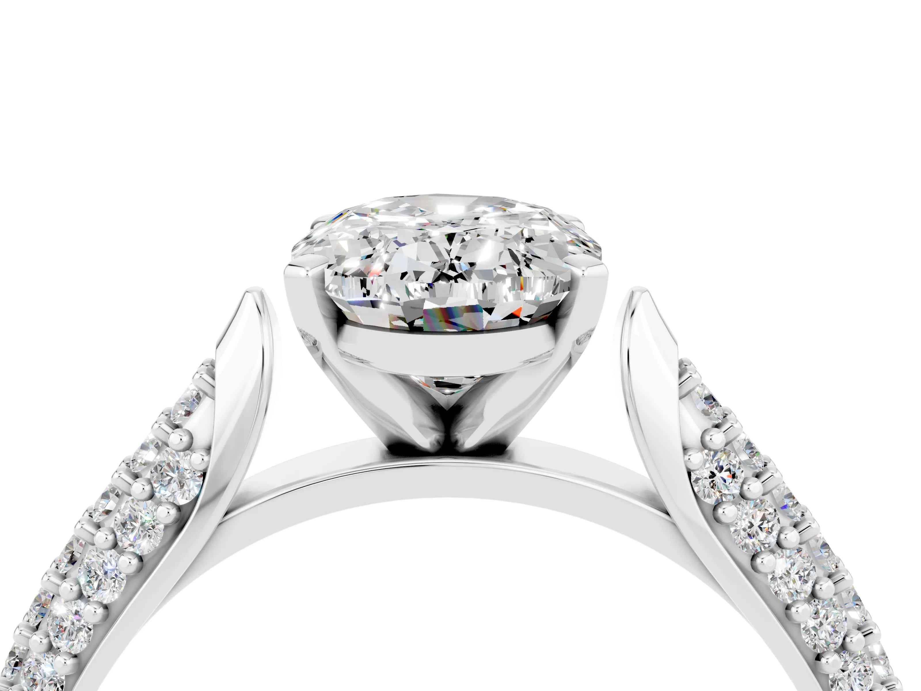 White gold Oval Cut Diamond Solitaire Engagement Ring with Pavé Band and Four-Prong Setting_4