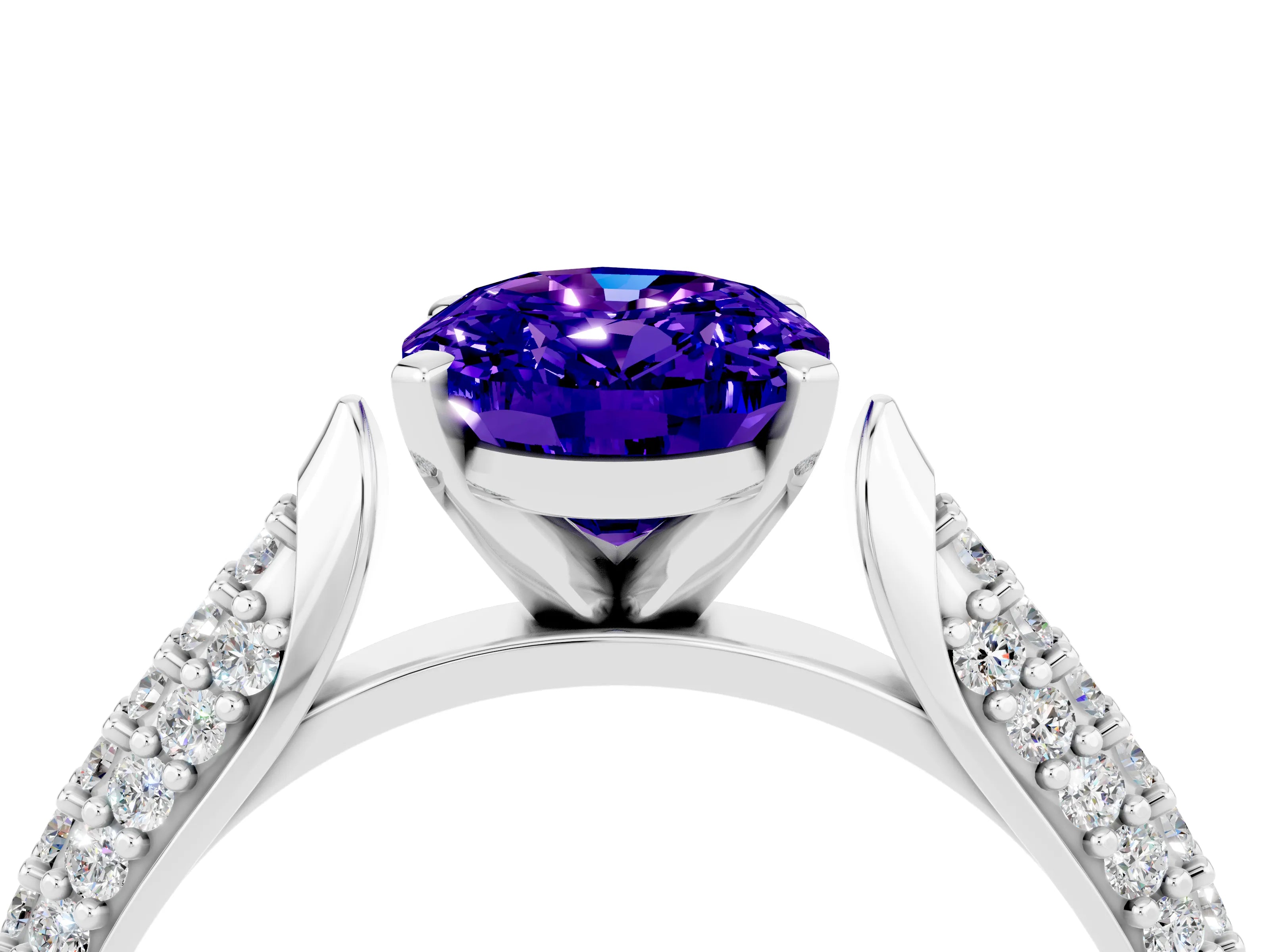 White gold Oval Cut Diamond Solitaire Engagement Ring with Pavé Band and Four-Prong Setting_4