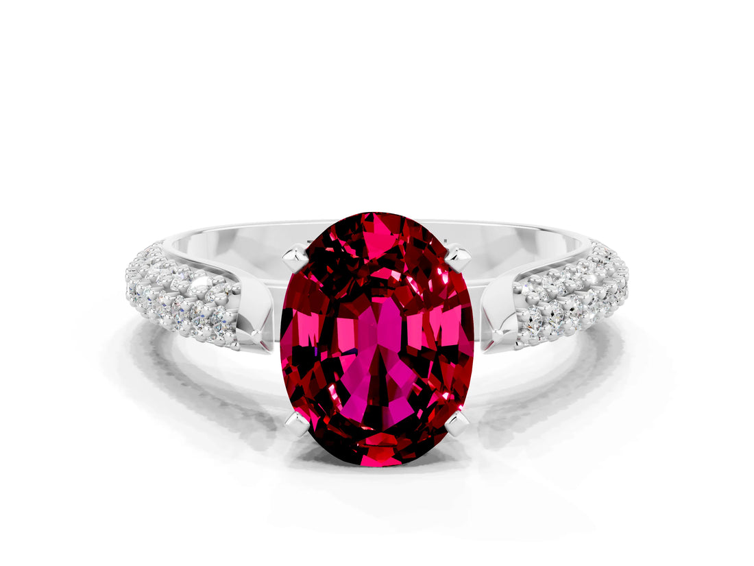 White gold Oval Cut Diamond Solitaire Engagement Ring with Pavé Band and Four-Prong Setting