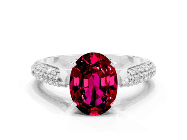 White gold Oval Cut Garnet Solitaire Engagement Ring with Multi-Row Round Pavé Band and Prong Setting