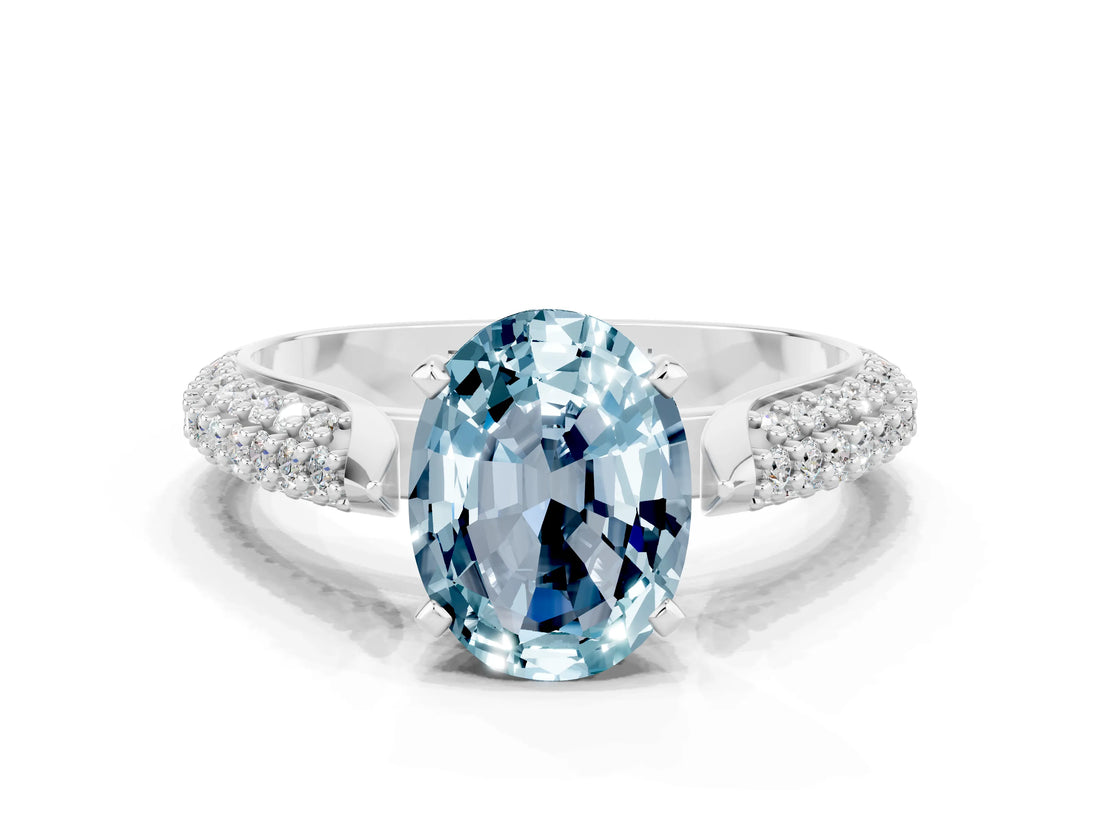 White gold Oval Cut Diamond Solitaire Engagement Ring with Pavé Band and Four-Prong Setting