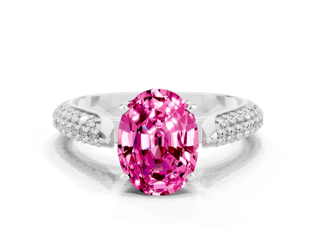 White gold Oval Cut Diamond Solitaire Engagement Ring with Pavé Band and Four-Prong Setting