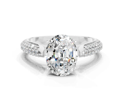 White gold Oval Cut Diamond Solitaire Engagement Ring with Pavé Band and Four-Prong Setting