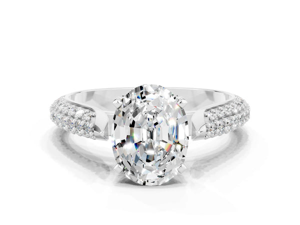 White gold Oval Cut Moissanite Solitaire Engagement Ring with Multi-Row Round Pavé Band and Prong Setting