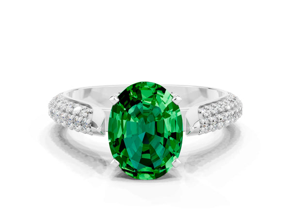 White gold Oval Cut Emerald Solitaire Engagement Ring with Multi-Row Round Pavé Band and Prong Setting