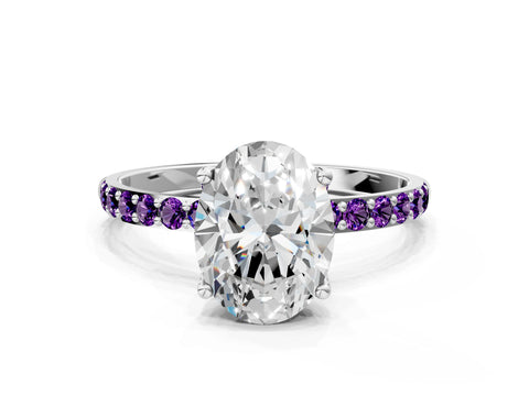 White gold Oval Cut Diamond Solitaire Engagement Ring with Round with Amethyst side stone Pavé Band and Prong Setting_12