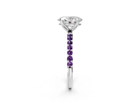 White gold Oval Cut Diamond Solitaire Engagement Ring with Round with Amethyst side stone Pavé Band and Prong Setting_14