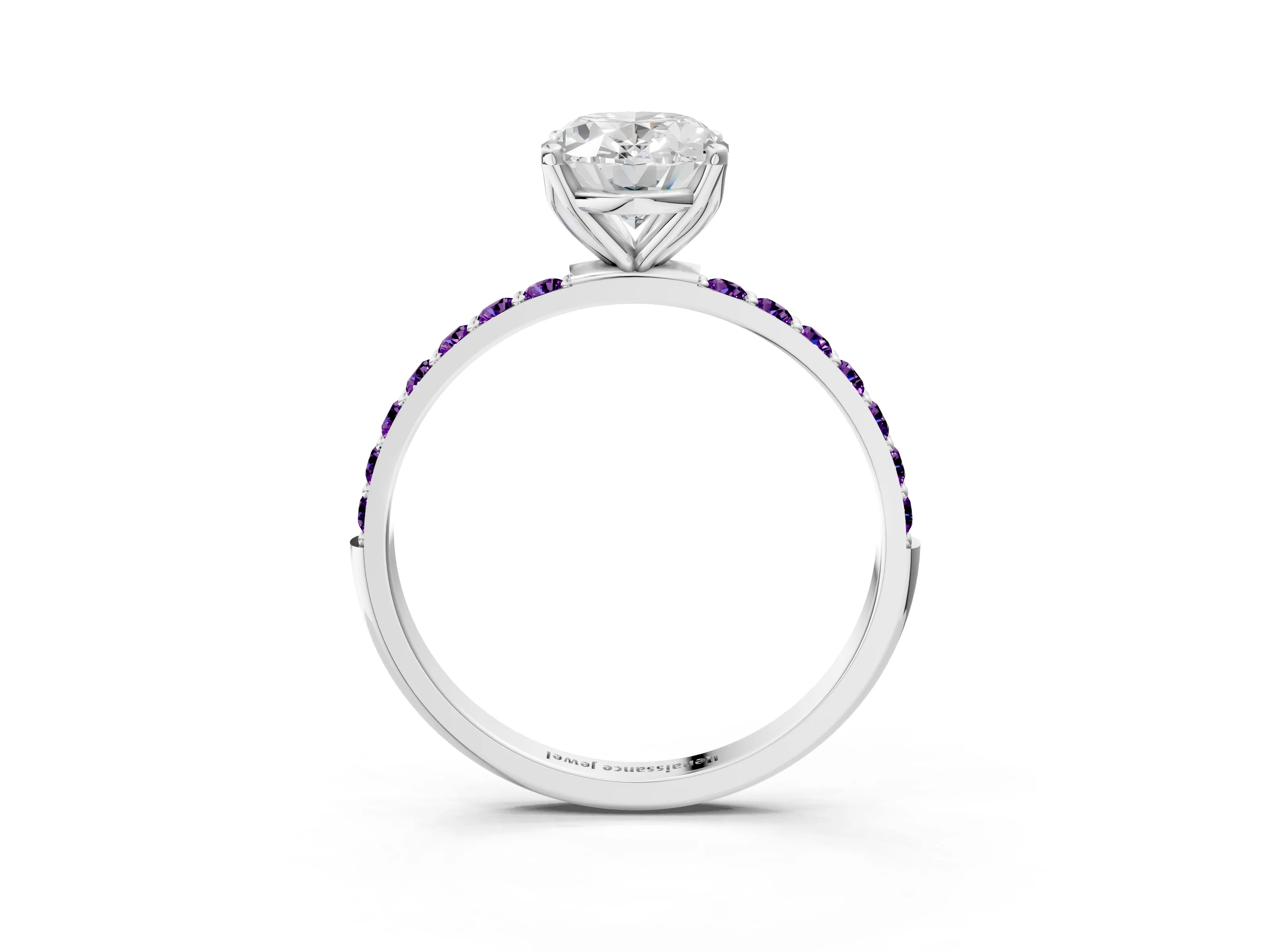 White gold Oval Cut Diamond Solitaire Engagement Ring with Round with Amethyst side stone Pavé Band and Prong Setting_15