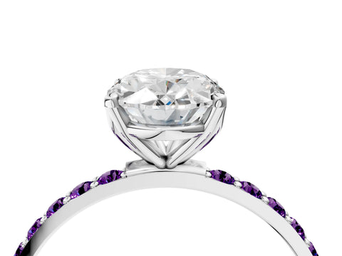White gold Oval Cut Diamond Solitaire Engagement Ring with Round with Amethyst side stone Pavé Band and Prong Setting_16