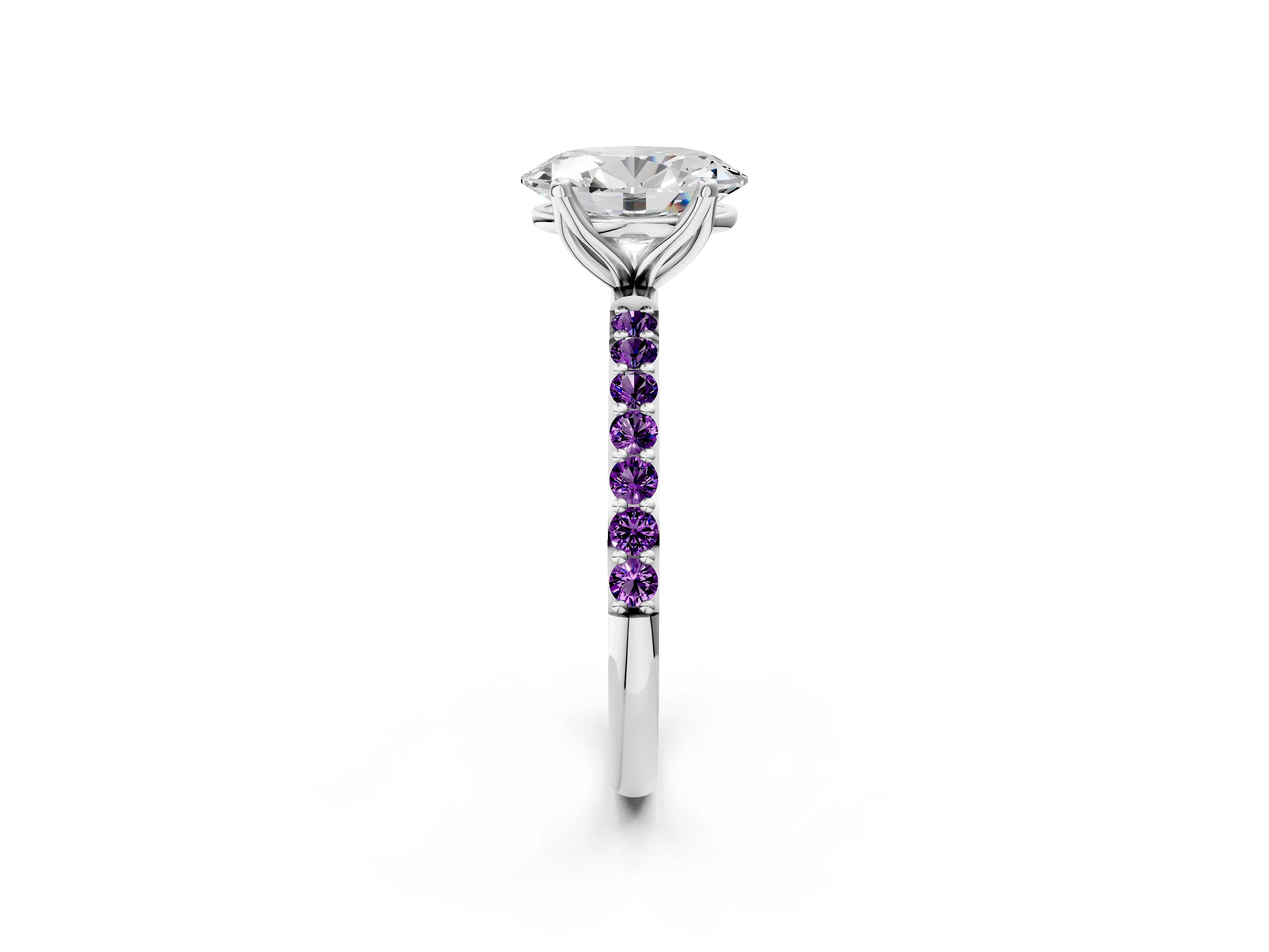 White gold Oval Cut Diamond Solitaire Engagement Ring with Round with Amethyst side stone Pavé Band and Prong Setting_26