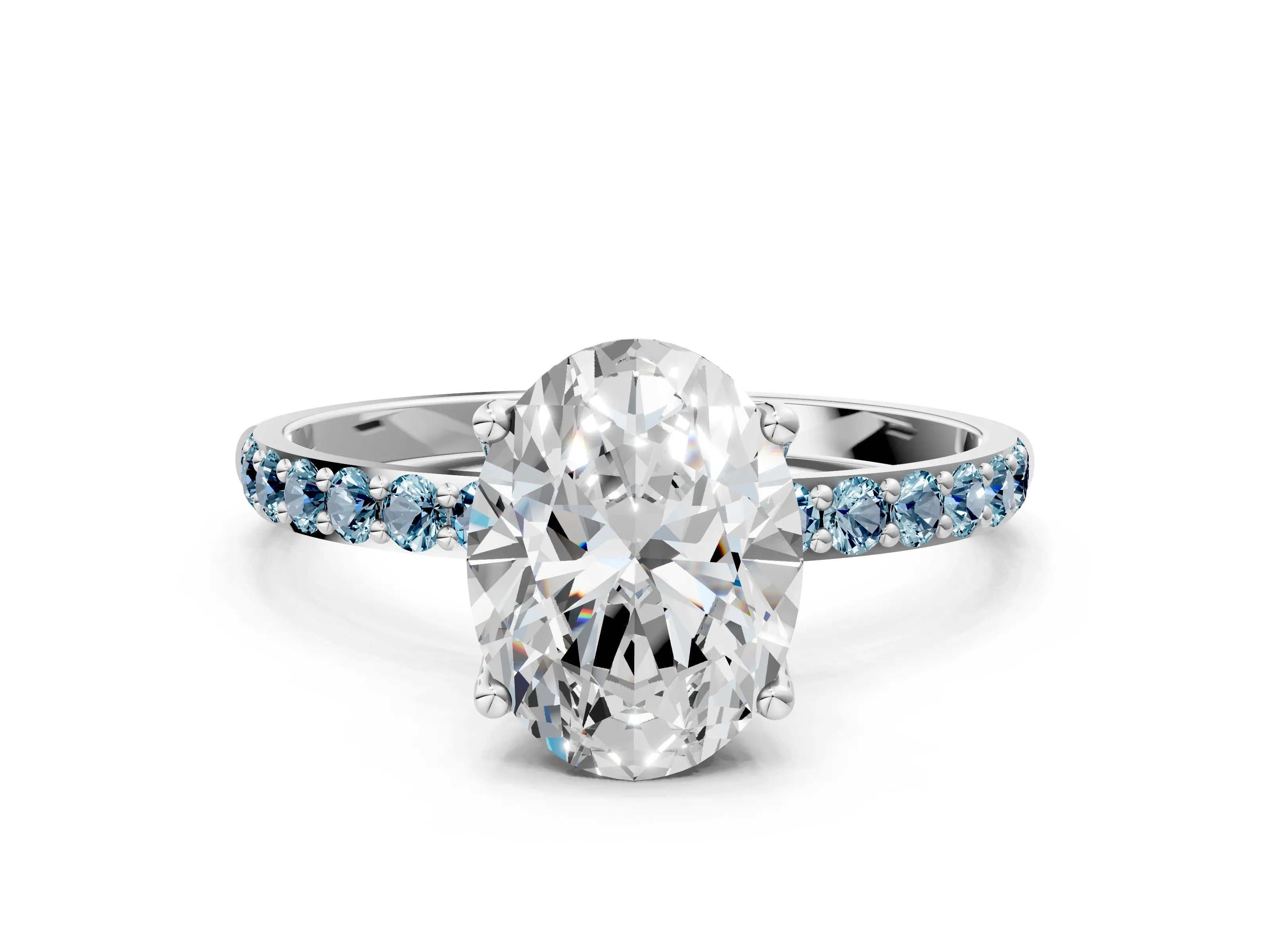 White gold Oval Cut Diamond Solitaire Engagement Ring with Round with Aquamarine side stone Pavé Band and Prong Setting_12