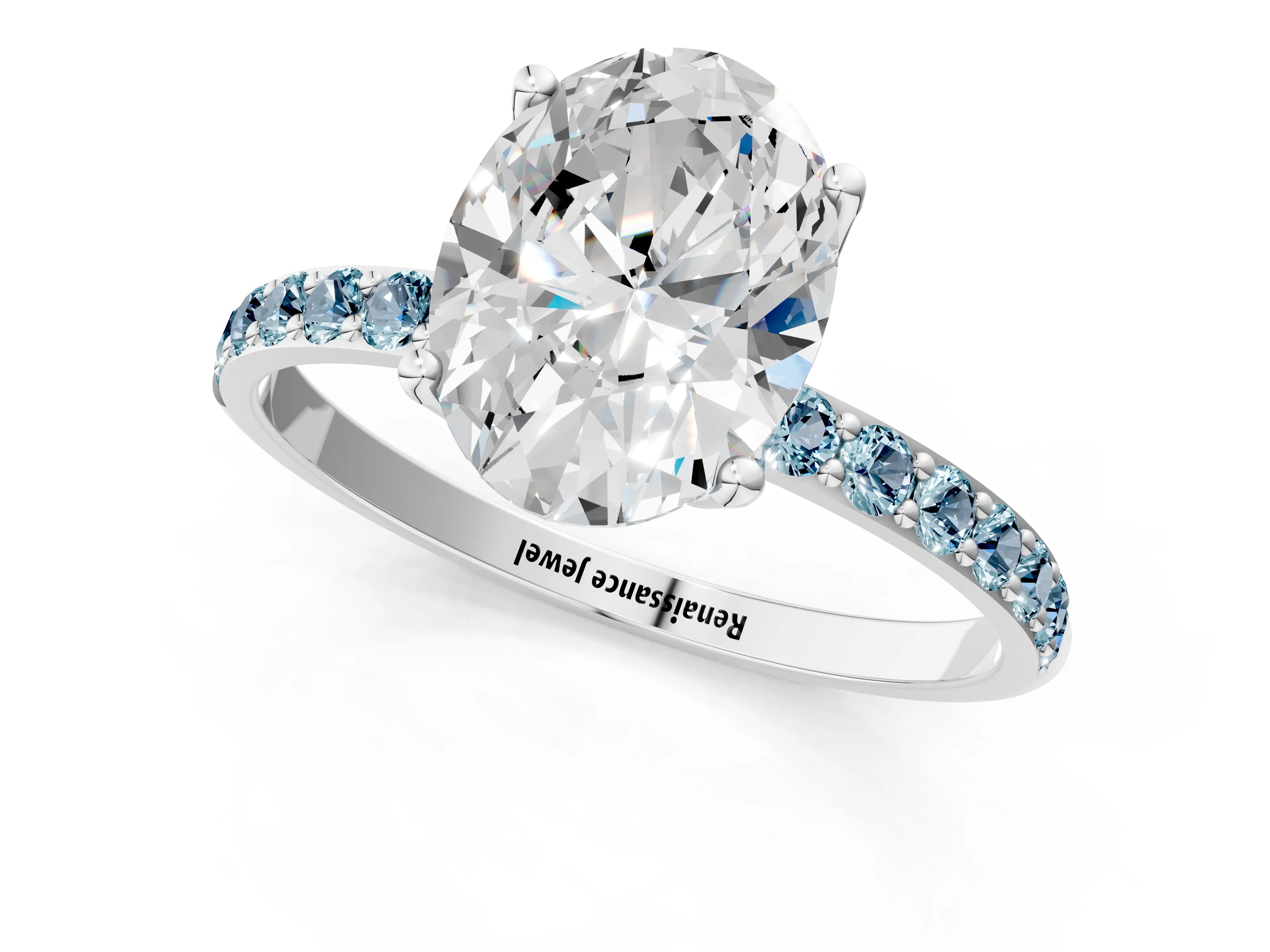 White gold Oval Cut Diamond Solitaire Engagement Ring with Round with Aquamarine side stone Pavé Band and Prong Setting_13