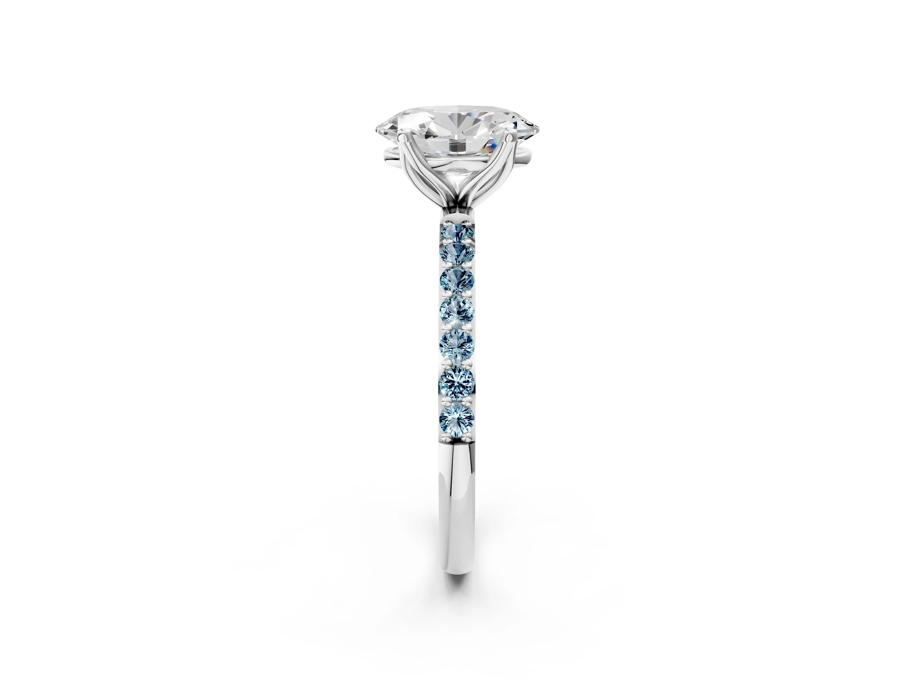 White gold Oval Cut Diamond Solitaire Engagement Ring with Round with Aquamarine side stone Pavé Band and Prong Setting_14