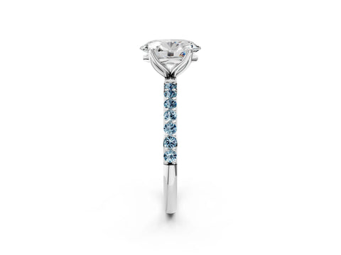 White gold Oval Cut Diamond Solitaire Engagement Ring with Round with Aquamarine side stone Pavé Band and Prong Setting_14