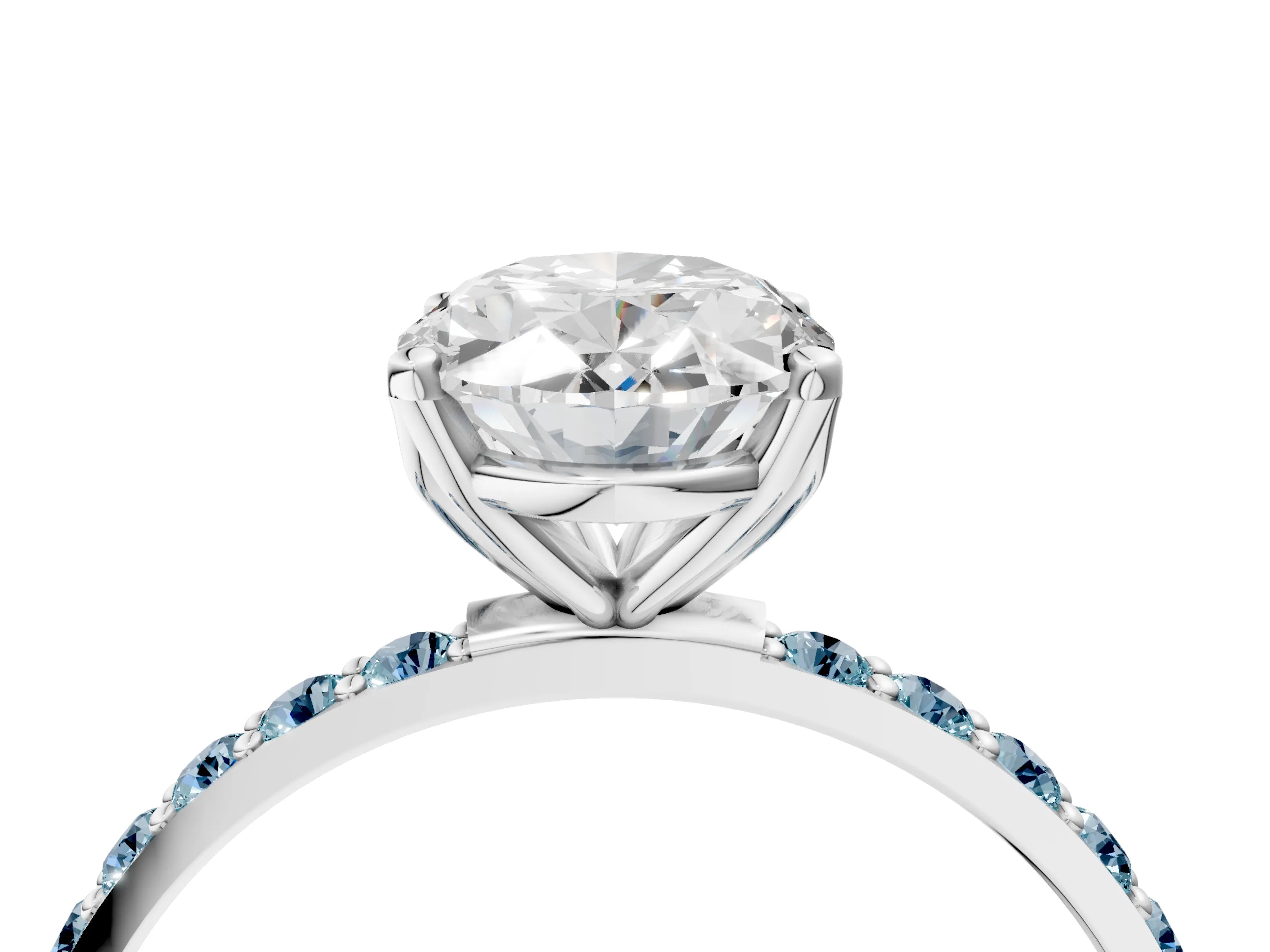 White gold Oval Cut Diamond Solitaire Engagement Ring with Round with Aquamarine side stone Pavé Band and Prong Setting_16