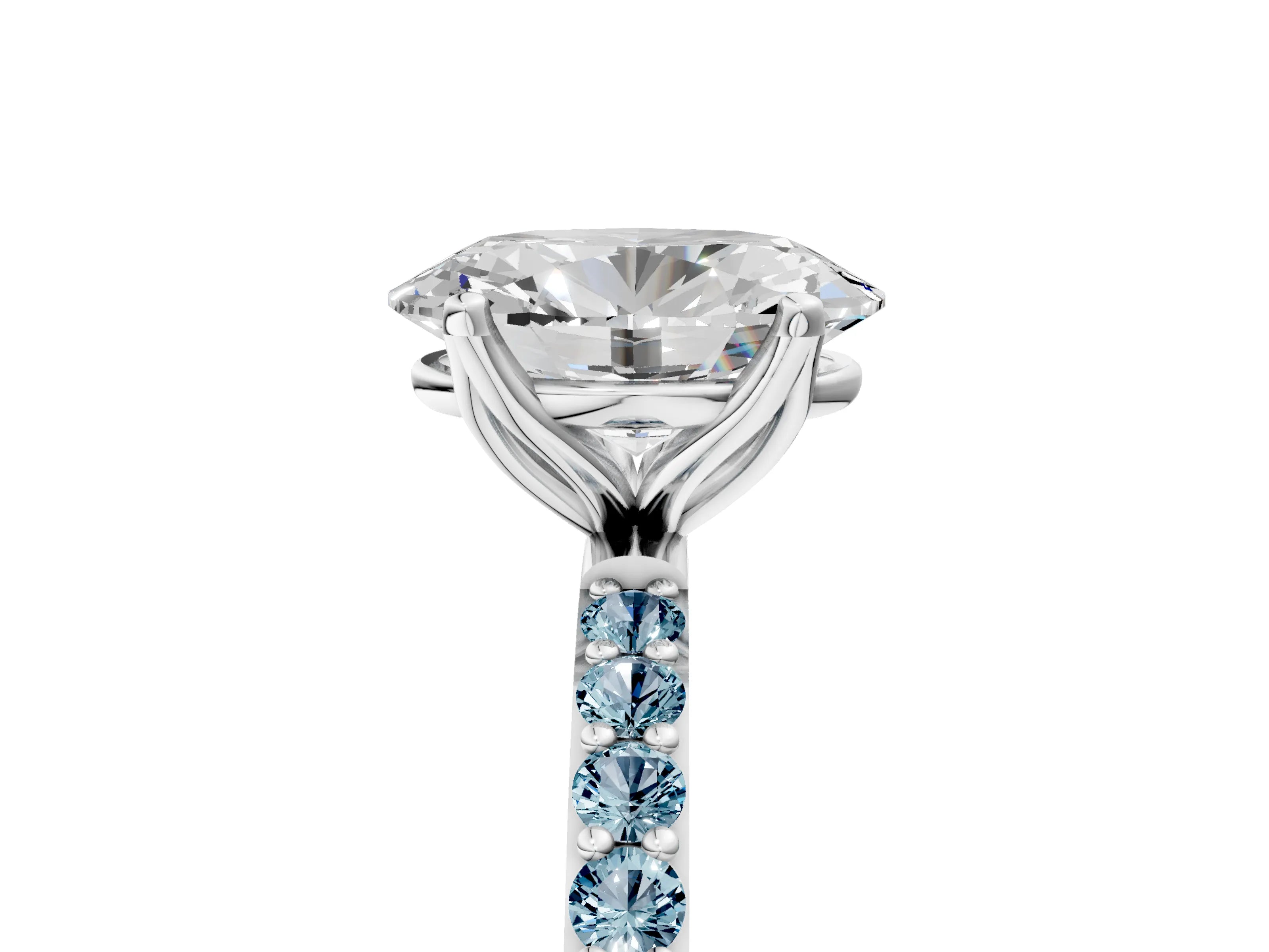 White gold Oval Cut Diamond Solitaire Engagement Ring with Round with Aquamarine side stone Pavé Band and Prong Setting_29