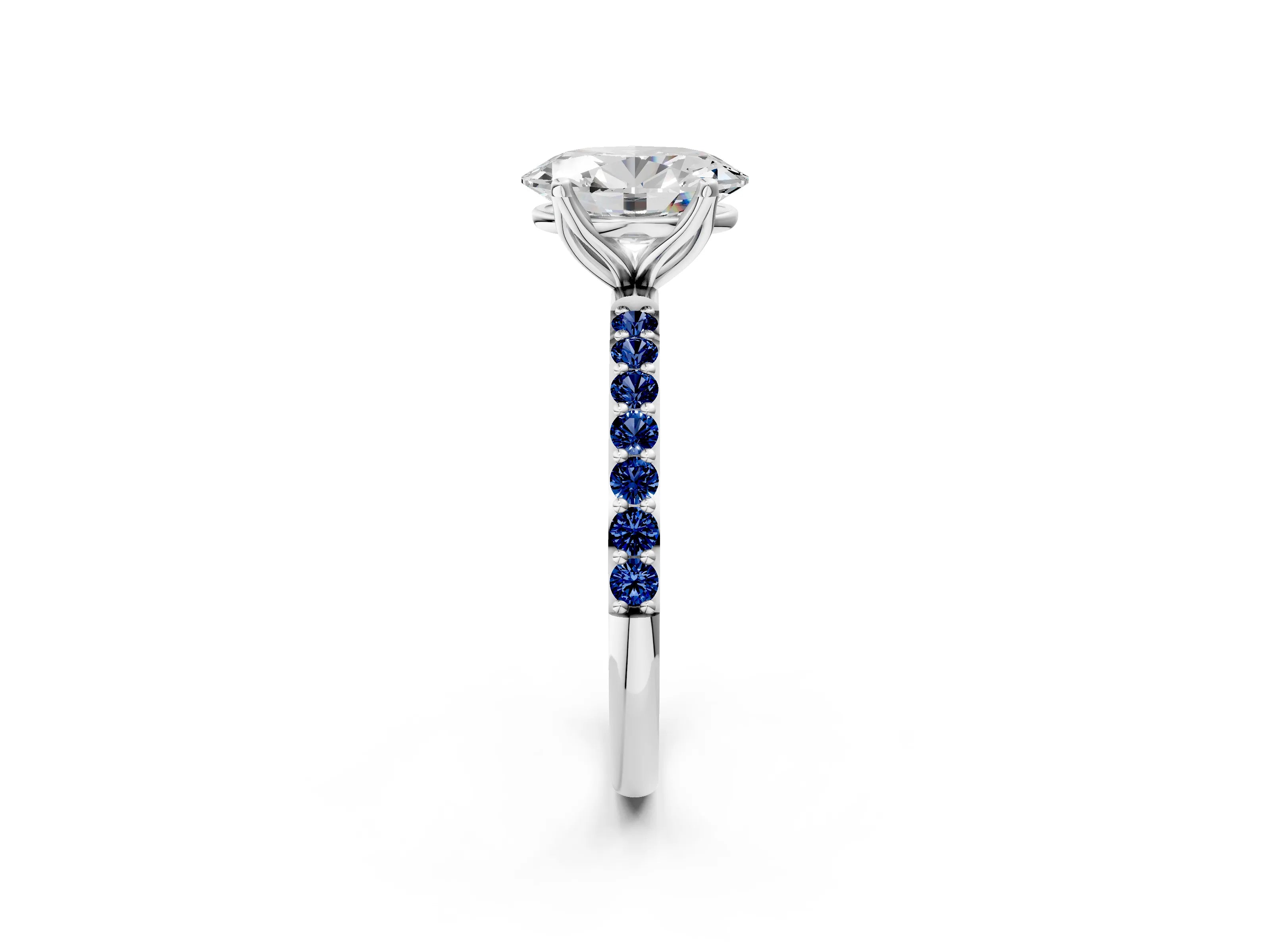White gold Oval Cut Diamond Solitaire Engagement Ring with Round with Blue Sapphire side stone Pavé Band and Prong Setting_14