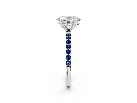 White gold Oval Cut Diamond Solitaire Engagement Ring with Round with Blue Sapphire side stone Pavé Band and Prong Setting_14