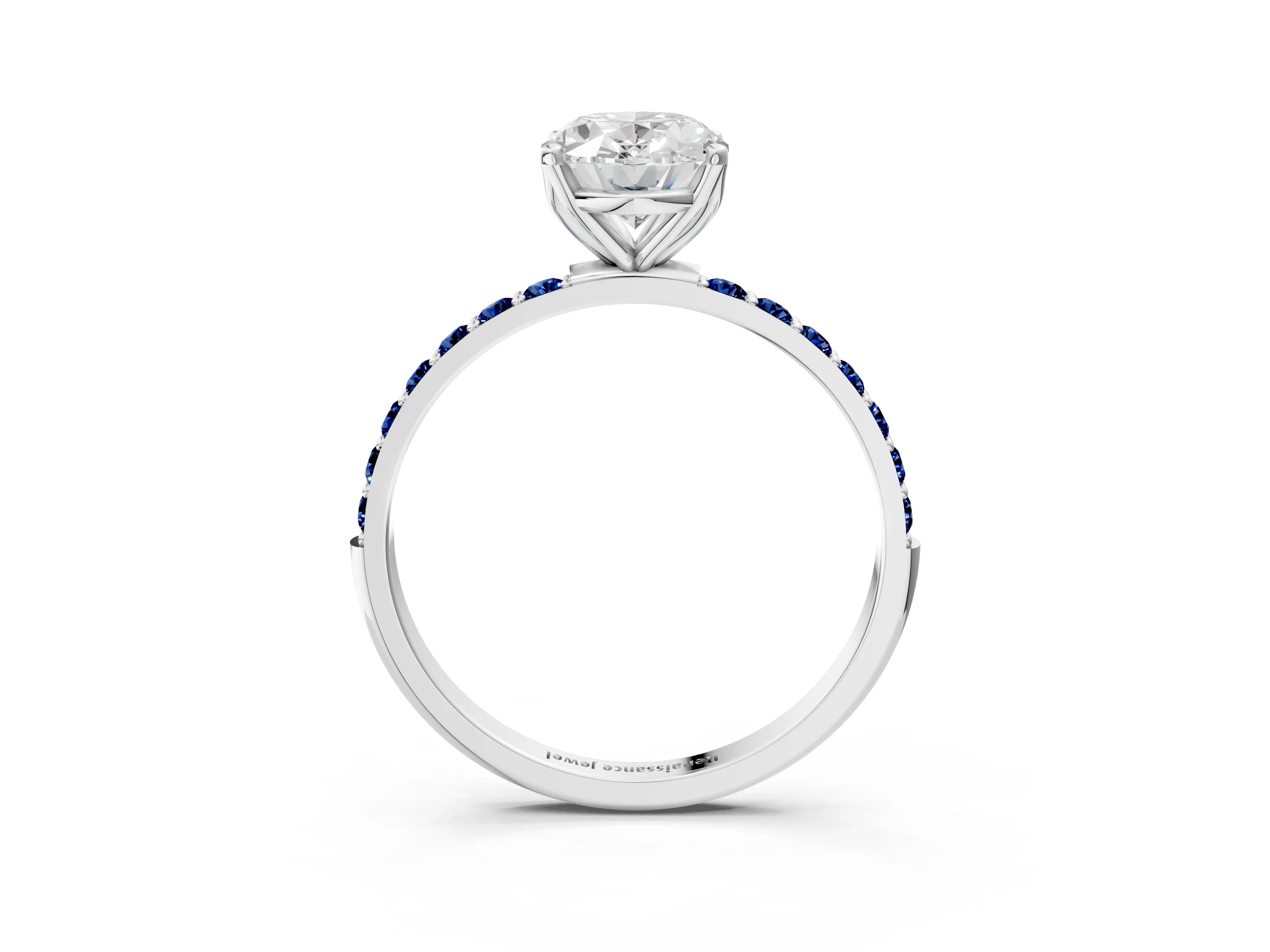 White gold Oval Cut Diamond Solitaire Engagement Ring with Round with Blue Sapphire side stone Pavé Band and Prong Setting_15