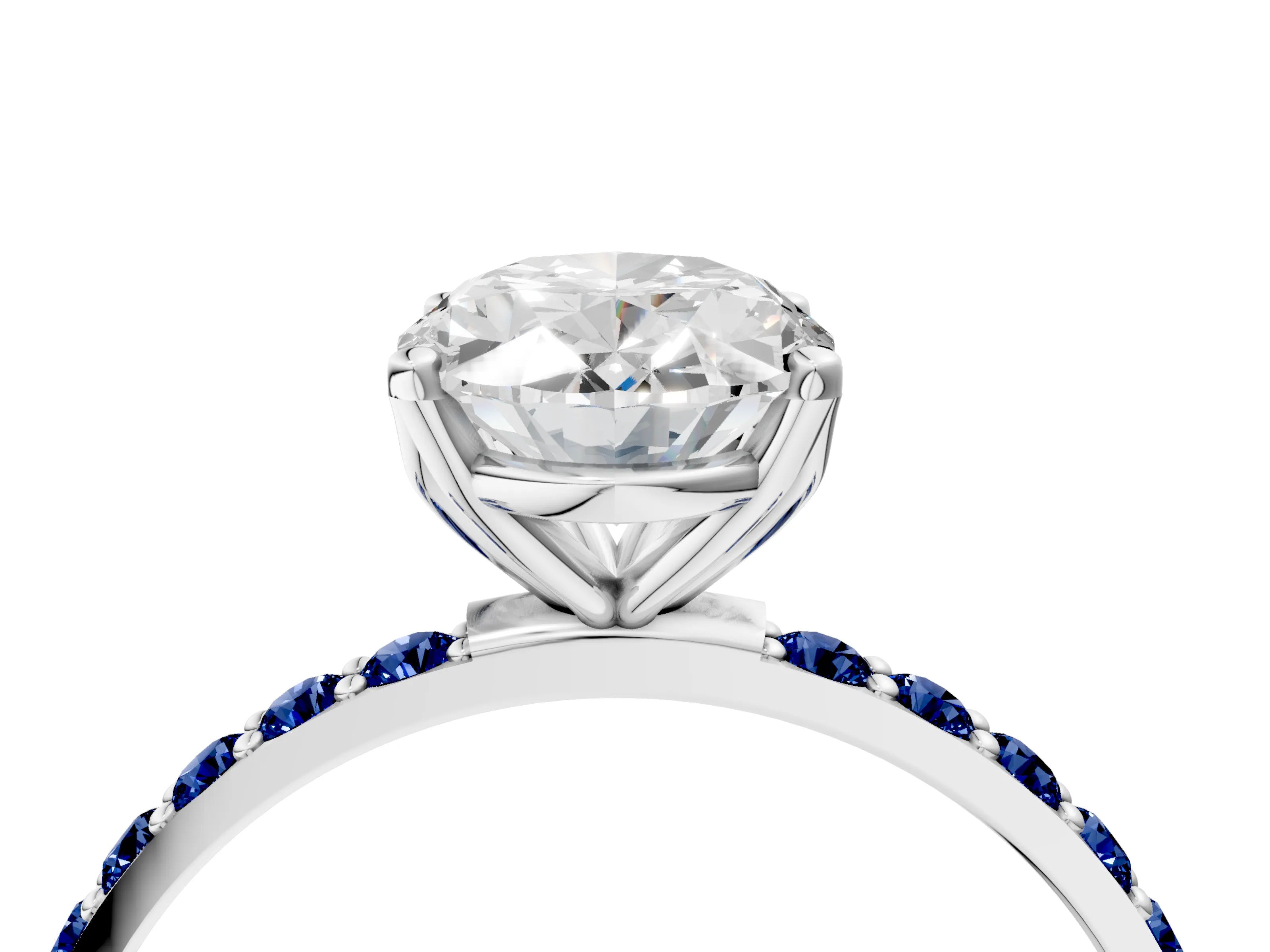 White gold Oval Cut Diamond Solitaire Engagement Ring with Round with Blue Sapphire side stone Pavé Band and Prong Setting_16