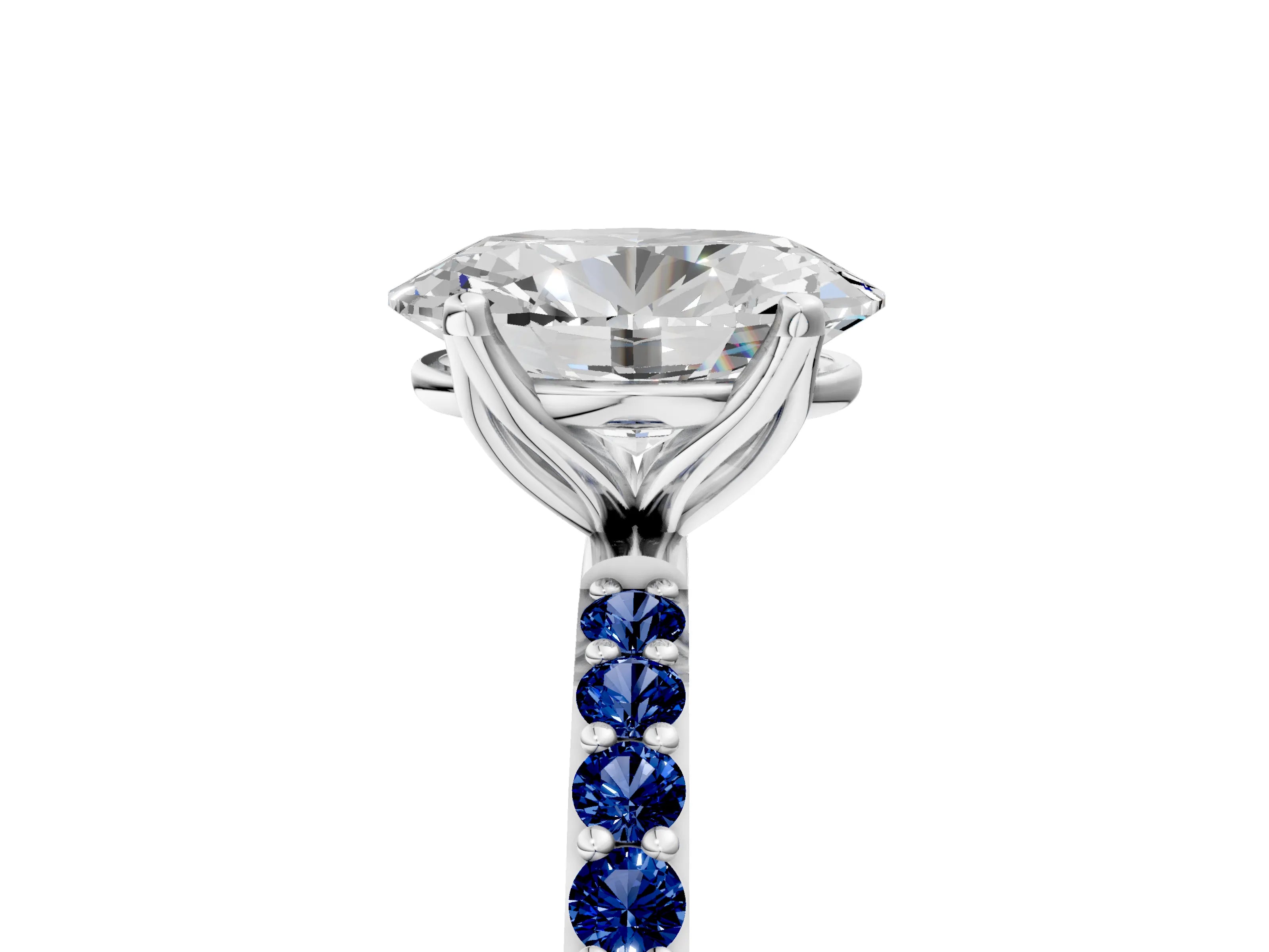White gold Oval Cut Diamond Solitaire Engagement Ring with Round with Blue Sapphire side stone Pavé Band and Prong Setting_17