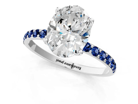 White gold Oval Cut Diamond Solitaire Engagement Ring with Round with Blue Sapphire side stone Pavé Band and Prong Setting_25