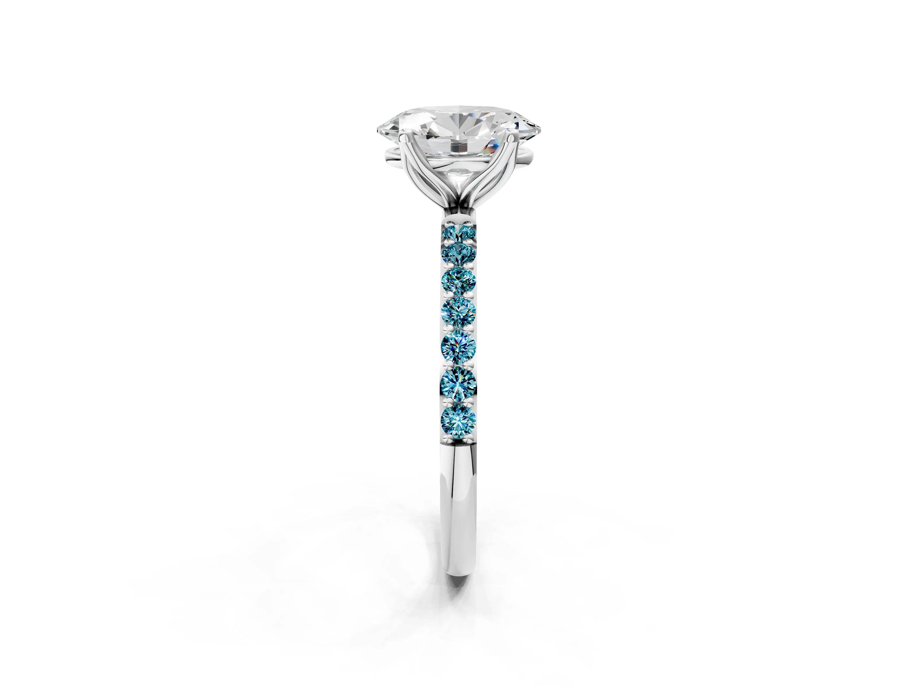 White gold Oval Cut Diamond Solitaire Engagement Ring with Round with Blue Topaz side stone Pavé Band and Prong Setting_14