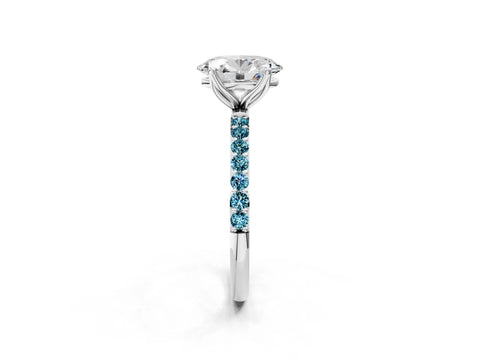 White gold Oval Cut Diamond Solitaire Engagement Ring with Round with Blue Topaz side stone Pavé Band and Prong Setting_14