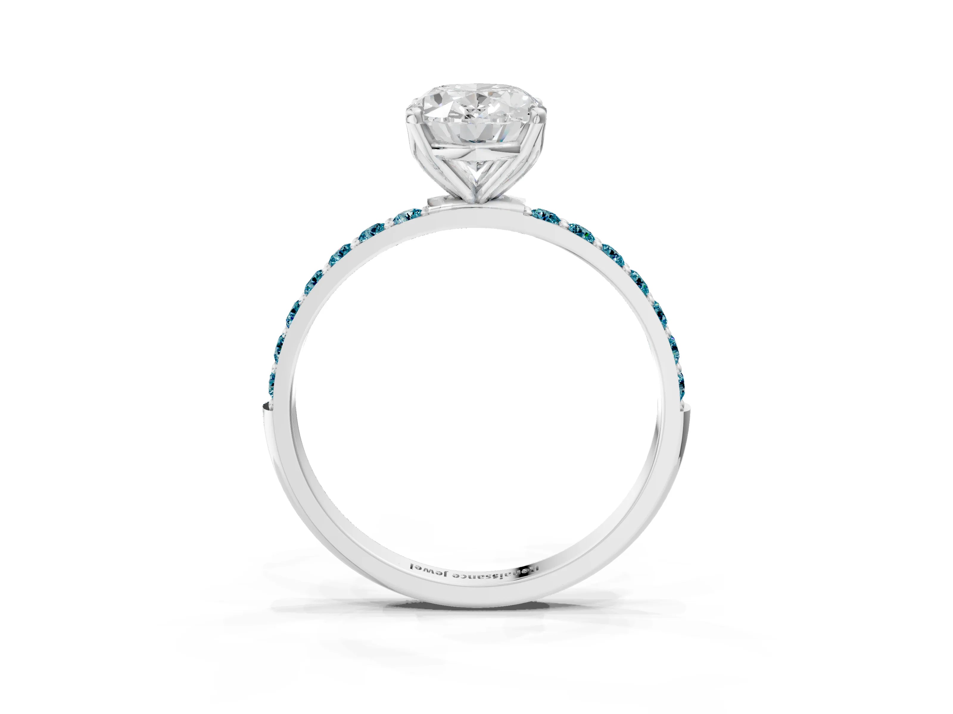White gold Oval Cut Diamond Solitaire Engagement Ring with Round with Blue Topaz side stone Pavé Band and Prong Setting_15