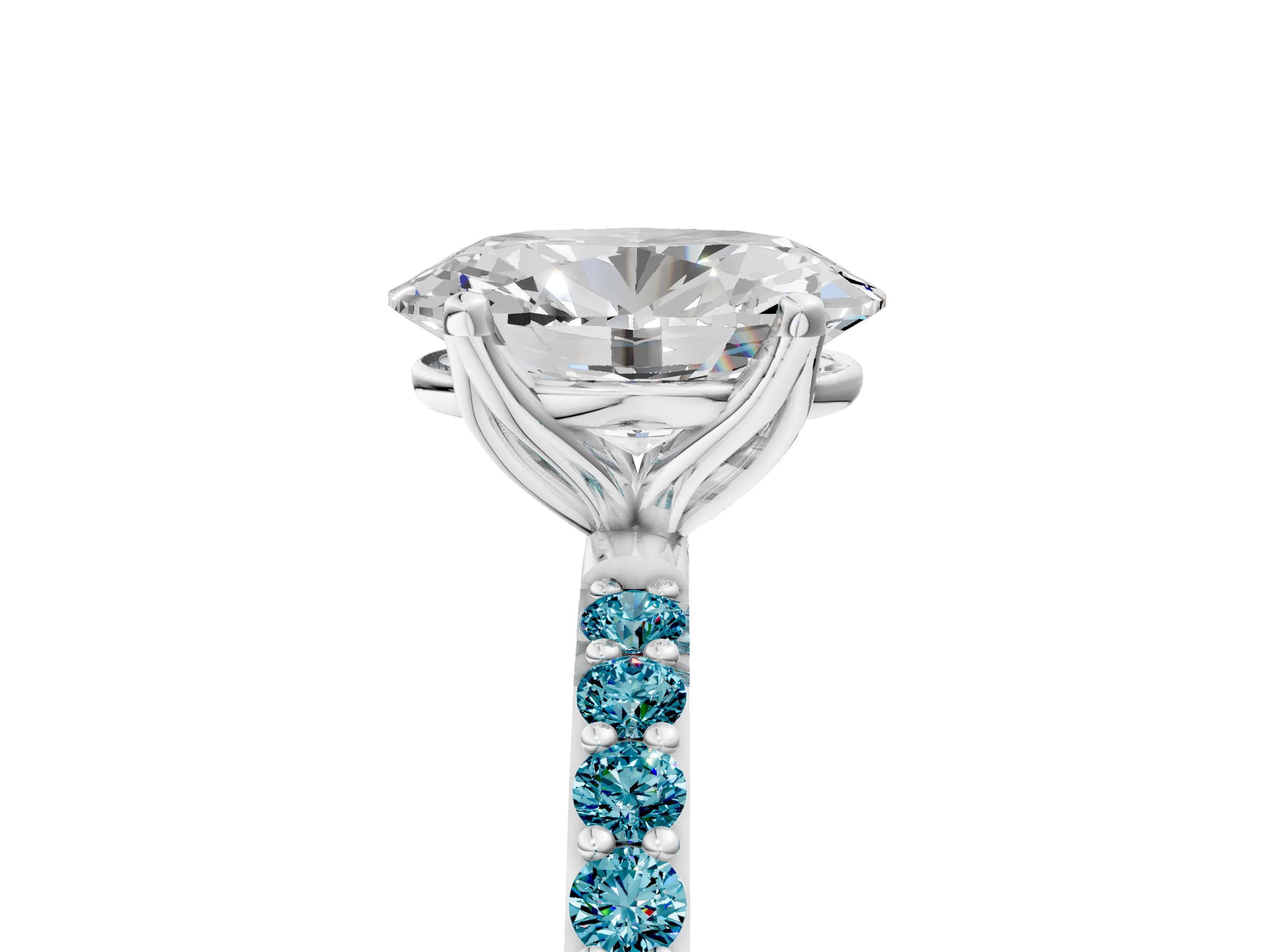 White gold Oval Cut Diamond Solitaire Engagement Ring with Round with Blue Topaz side stone Pavé Band and Prong Setting_17
