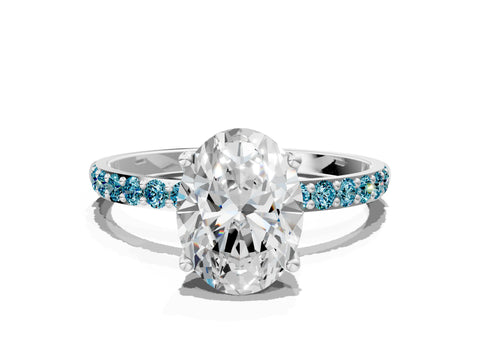 White gold Oval Cut Diamond Solitaire Engagement Ring with Round with Blue Topaz side stone Pavé Band and Prong Setting_24