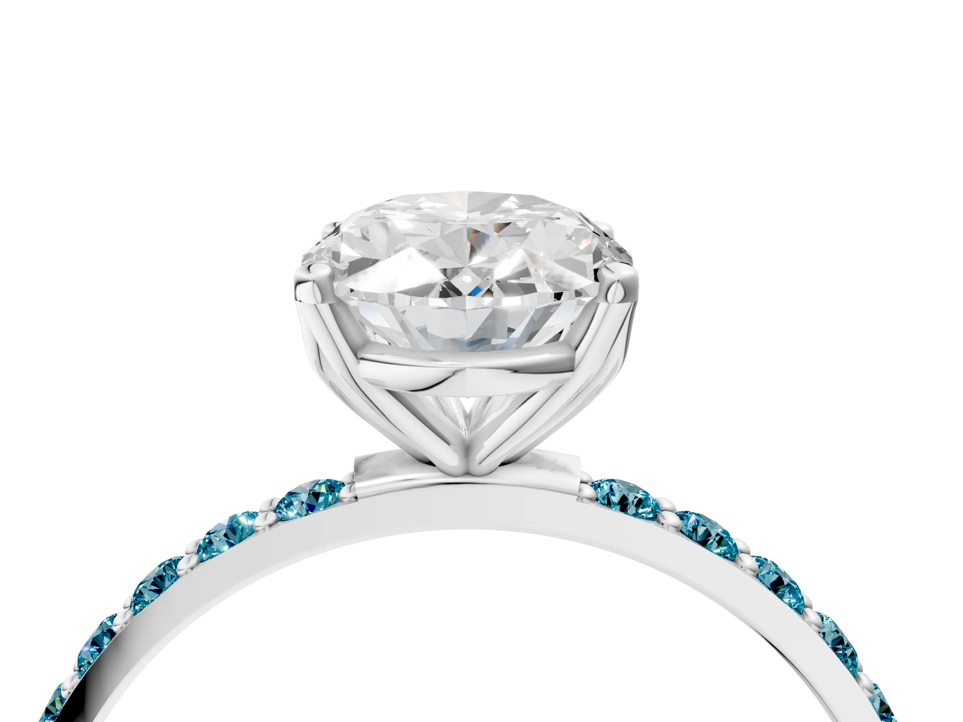 White gold Oval Cut Diamond Solitaire Engagement Ring with Round with Blue Topaz side stone Pavé Band and Prong Setting_28