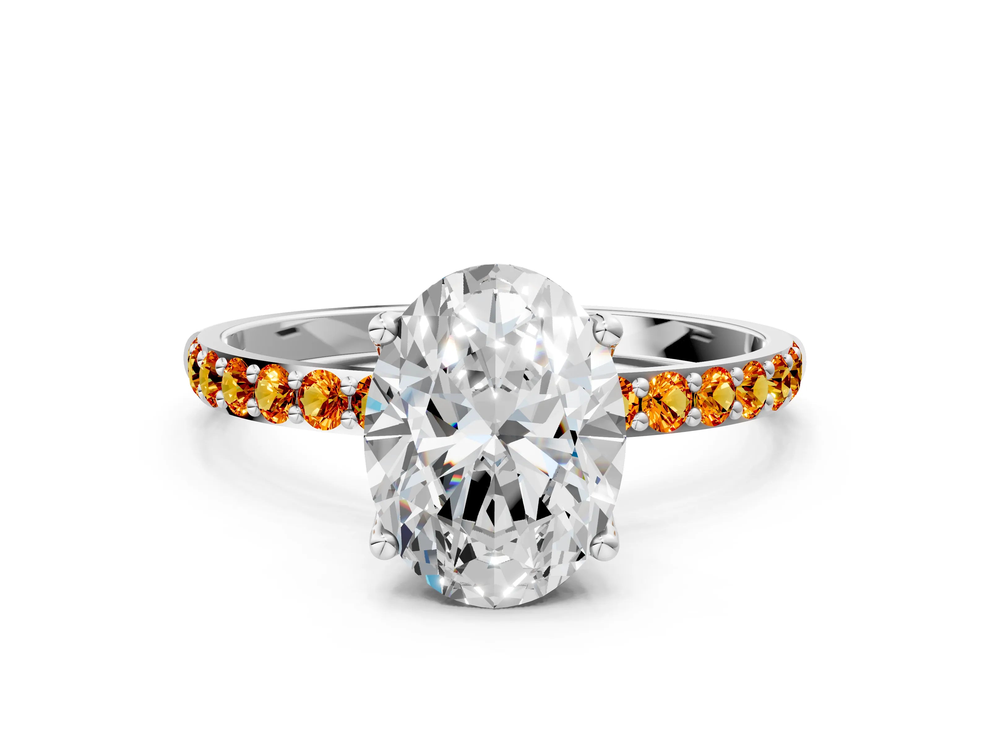 White gold Oval Cut Diamond Solitaire Engagement Ring with Round with Citrine side stone Pavé Band and Prong Setting_12