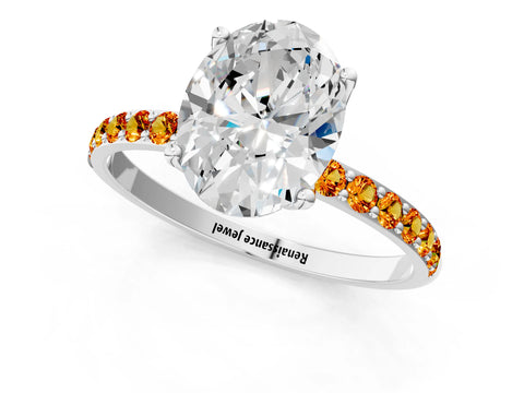 White gold Oval Cut Diamond Solitaire Engagement Ring with Round with Citrine side stone Pavé Band and Prong Setting_1