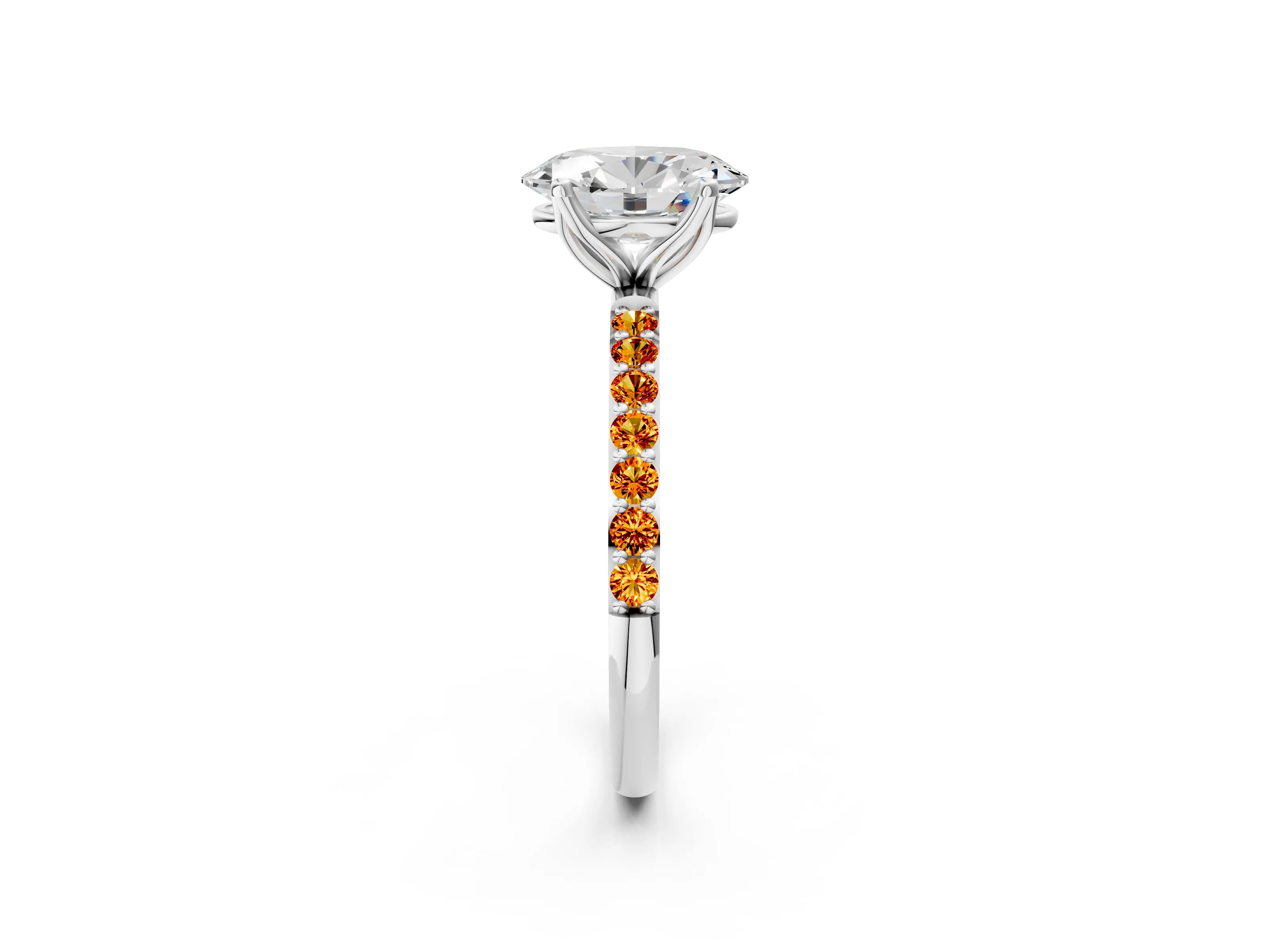 White gold Oval Cut Diamond Solitaire Engagement Ring with Round with Citrine side stone Pavé Band and Prong Setting_2