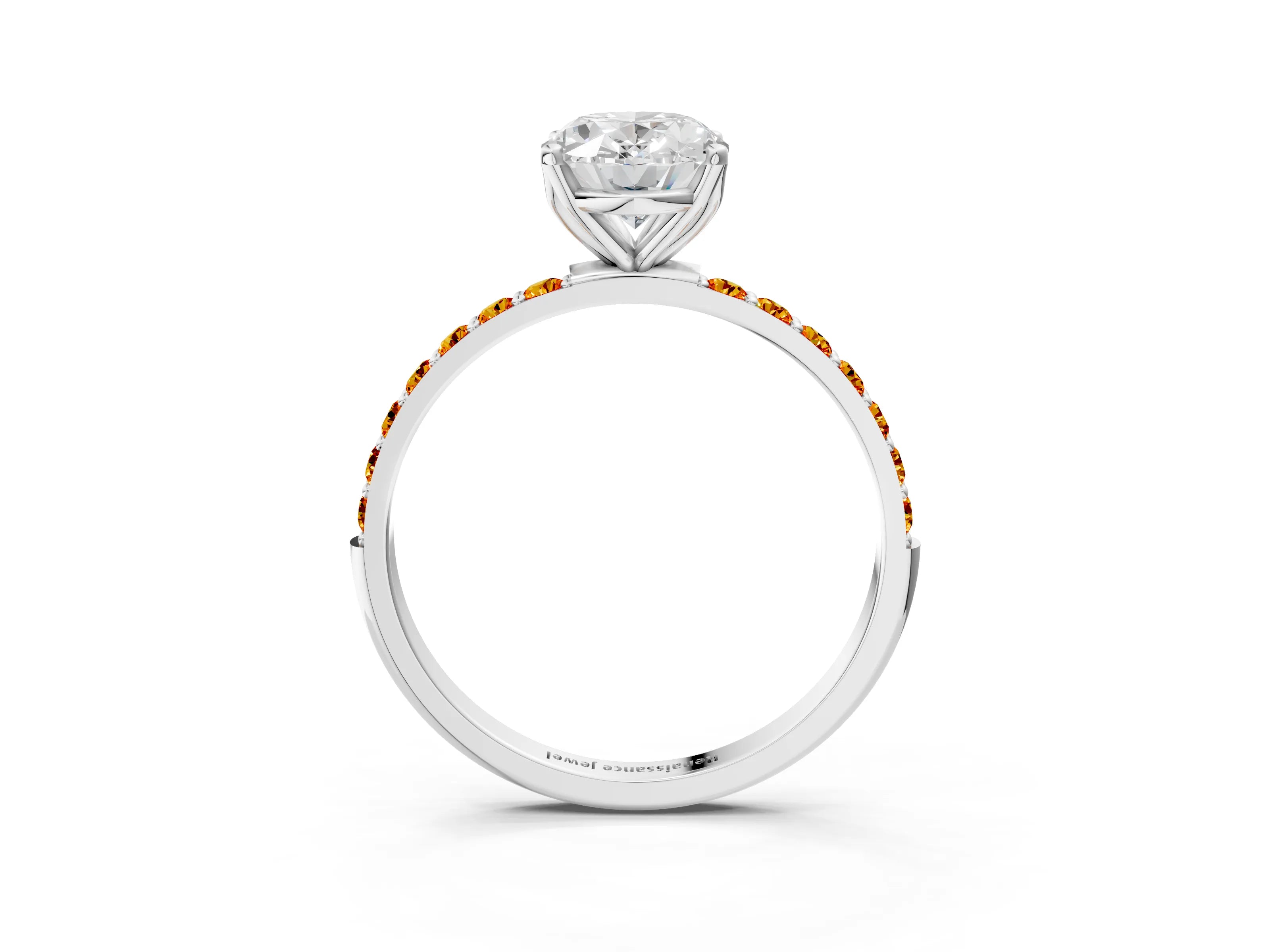 White gold Oval Cut Diamond Solitaire Engagement Ring with Round with Citrine side stone Pavé Band and Prong Setting_3