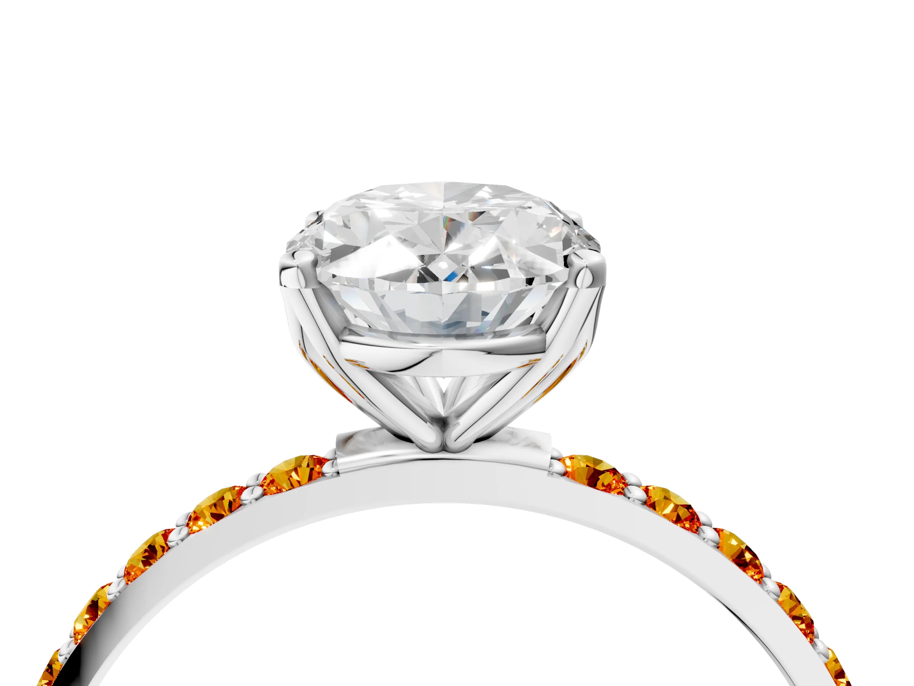 White gold Oval Cut Diamond Solitaire Engagement Ring with Round with Citrine side stone Pavé Band and Prong Setting_4