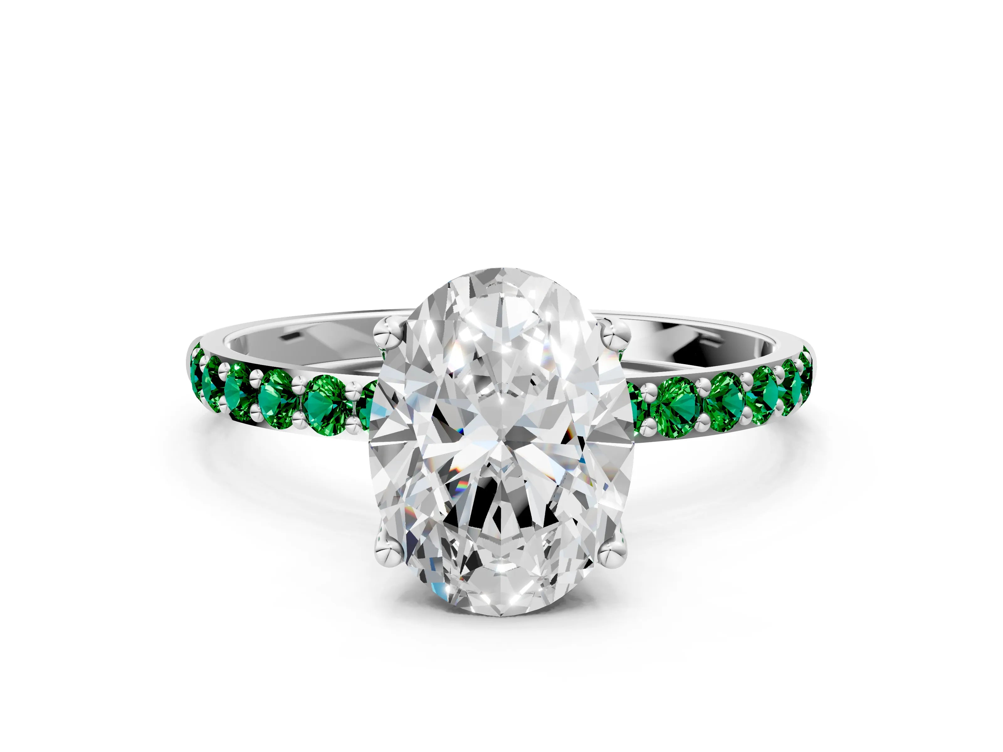 White gold Oval Cut Diamond Solitaire Engagement Ring with Round with Emerald side stone Pavé Band and Prong Setting_12