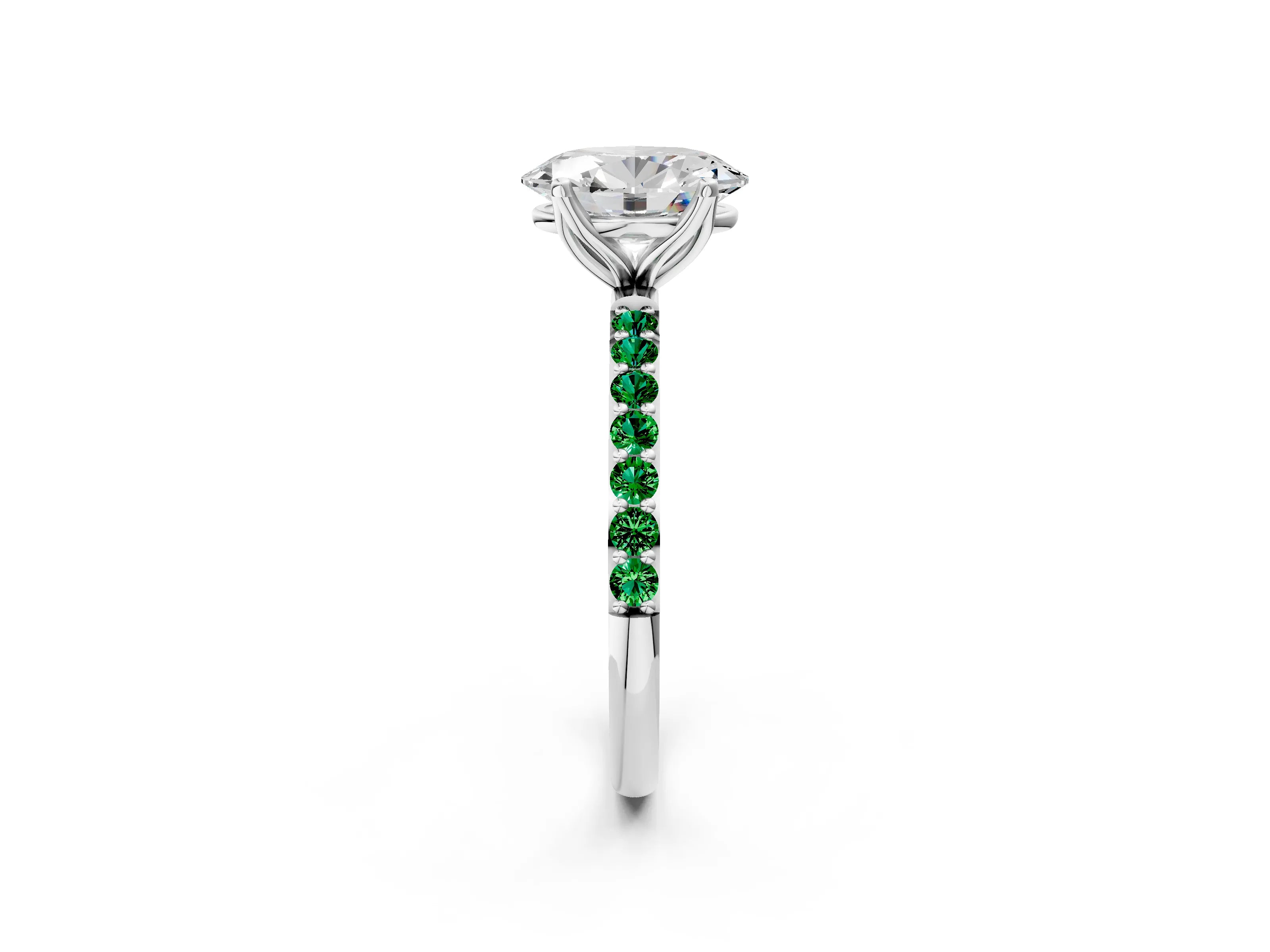 White gold Oval Cut Diamond Solitaire Engagement Ring with Round with Emerald side stone Pavé Band and Prong Setting_14