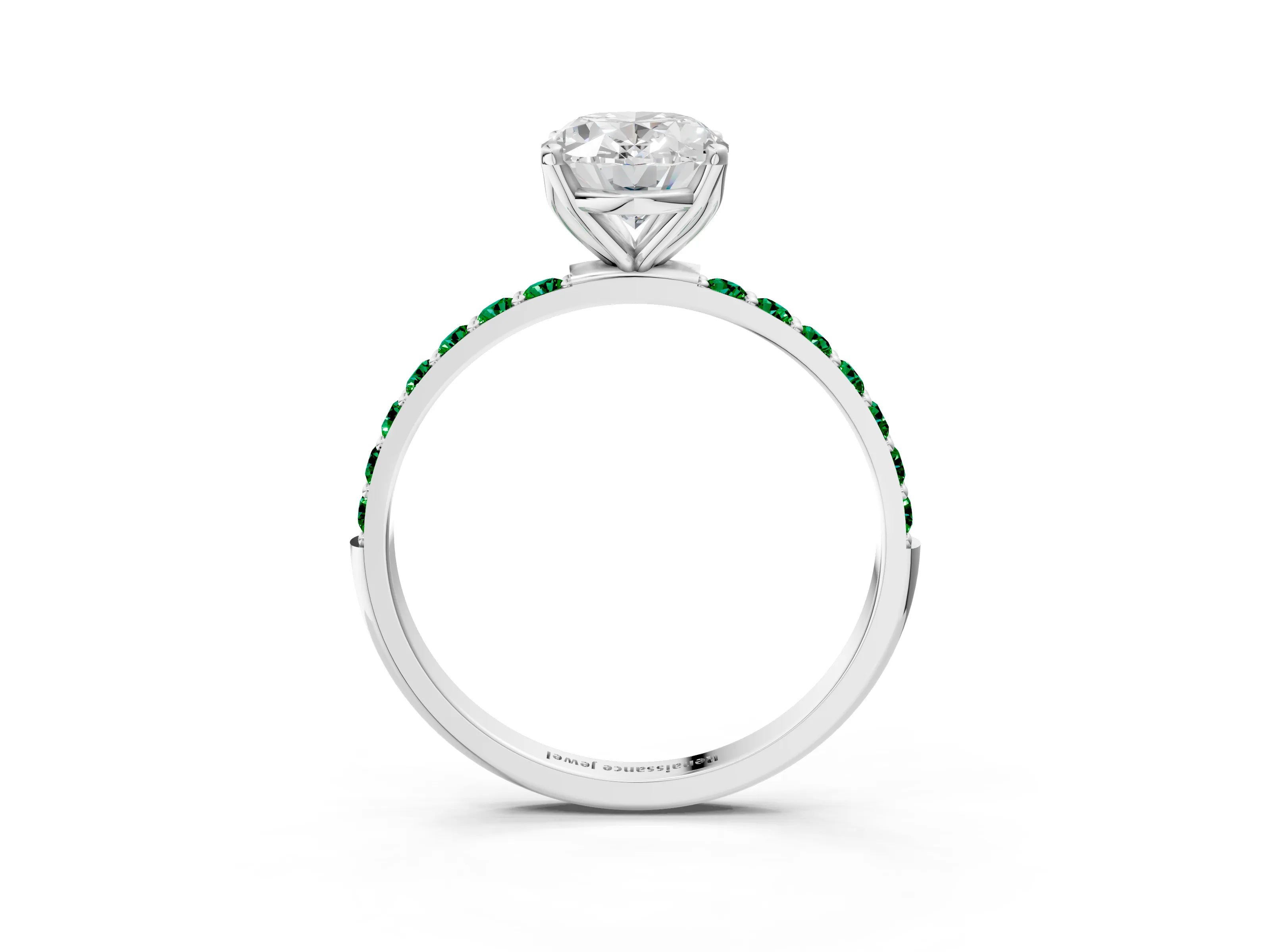 White gold Oval Cut Diamond Solitaire Engagement Ring with Round with Emerald side stone Pavé Band and Prong Setting_15