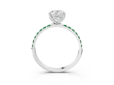 White gold Oval Cut Diamond Solitaire Engagement Ring with Round with Emerald side stone Pavé Band and Prong Setting_15