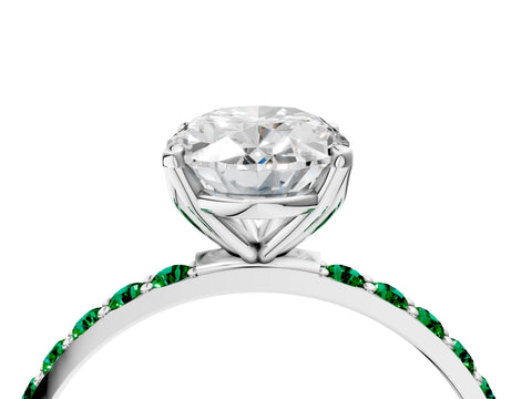 White gold Oval Cut Diamond Solitaire Engagement Ring with Round with Emerald side stone Pavé Band and Prong Setting_16