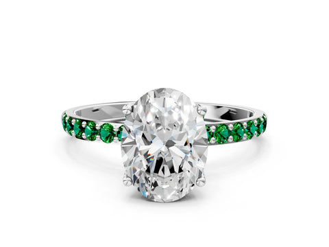 White gold Oval Cut Diamond Solitaire Engagement Ring with Round with Emerald side stone Pavé Band and Prong Setting_24