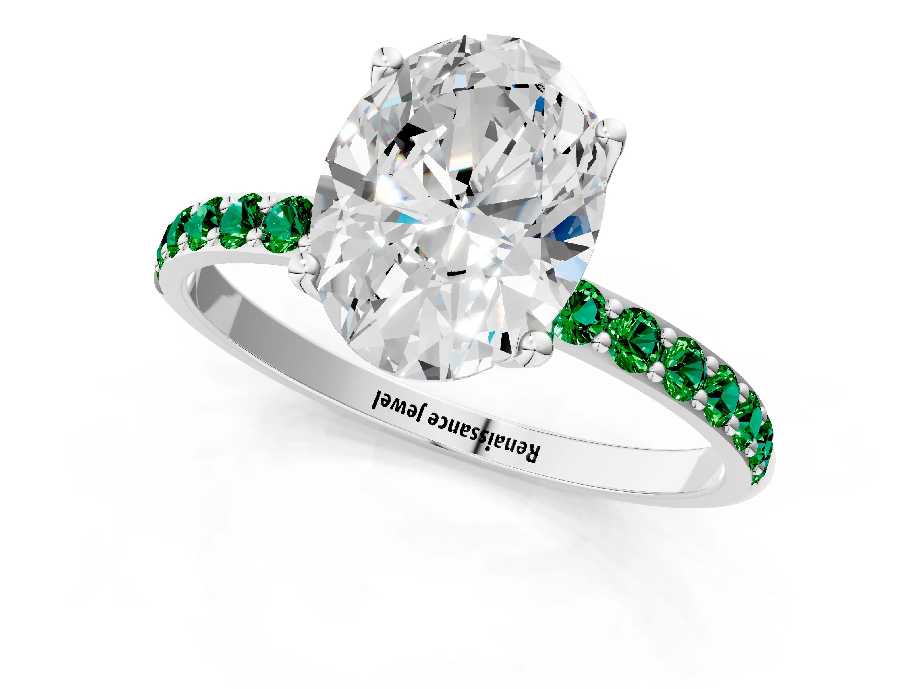 White gold Oval Cut Diamond Solitaire Engagement Ring with Round with Emerald side stone Pavé Band and Prong Setting_25